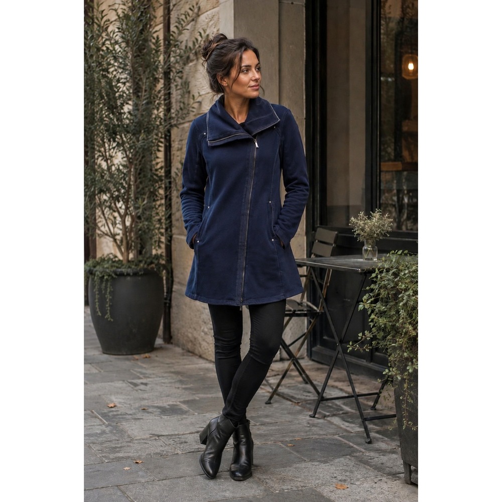 Neon Buddha Womens Navy Blue Asymmetrical Zip Cotton Fleece Jacket Small